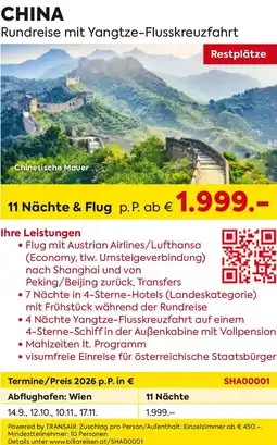 Billa Reisen China Rundreise mit Yangtze-Flusskreuzfahrt Angebot