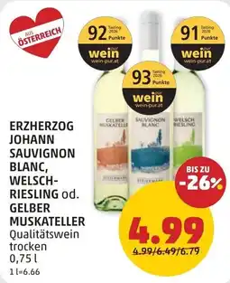 PENNY Erzherzog Johann Sauvignon Blanc, Welsch-Riesling od. Gelber Muskateller Qualitätswein trocken Angebot