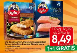 Spar Iglo Dorsch paniert, Dorsch in Knusperbrösel, Zander Naturfilets, Premium Atlantik Lachs oder Goldbrasse Angebot
