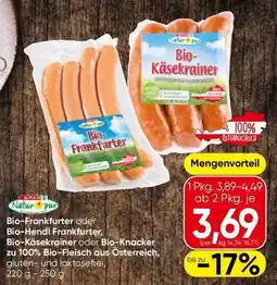 Eurospar Bio-Frankfurter oder Bio-Hendl Frankfurter, Bio-Käsekrainer oder Bio-Knacker Angebot