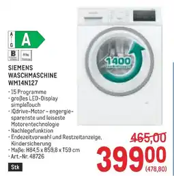 Metro Siemens Waschmaschine WM14N127 Angebot