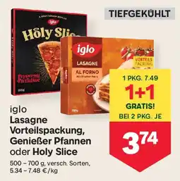 MPreis iglo Lasagne Vorteilspackung, Genießer Pfannen oder Holy Slice Angebot