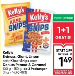 Maximarkt Kelly's Erdnuss, Giant, Linsen oder Käse-Snips oder Donuts Peanut & Caramel Angebot
