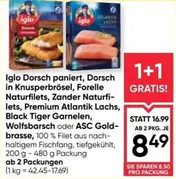 Maximarkt Iglo Dorsch paniert, Dorsch in Knusperbrösel, Forelle Naturfilets, Zander Naturfilets, Premium Atlantik Lachs Angebot