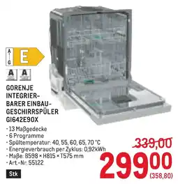 Metro Gorenje Integrierbarer Einbaugeschirrspüler Angebot