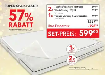 Taschenfederkern-Matratze 2x Vitalis Spring H2 H3 1x Topper Memory 4-Jahreszeiten