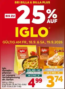 Billa Iglo Genießerpfannen od. Lasagne Vorteilspackung Angebot