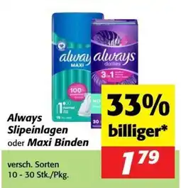 Kastner Always Slipeinlagen oder Maxi Binden Angebot