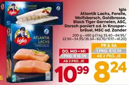 Billa Iglo Atlantik Lachs, Forelle, Wolfsbarsch, Goldbrasse, Black Tiger Garnelen, ASC, Dorsch paniert od. in Knusper- brösel Angebot