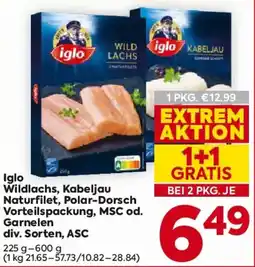 Billa Iglo Wildlachs, Kabeljau Naturfilet, Polar-Dorsch Vorteilspackung, MSC od. Garnelen Angebot