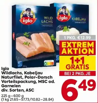 Billa Iglo Wildlachs, Kabeljau Naturfilet, Polar-Dorsch Vorteilspackung, MSC od. Garnelen Angebot