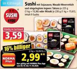 Norma Sushi mit Sojasauce, Wasabi-Meerrettich und eingelegtem Ingwer Angebot