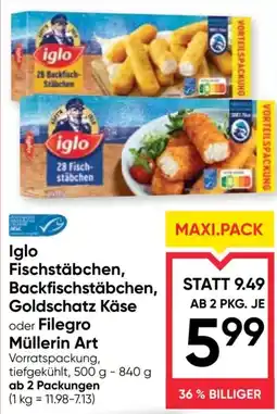 Maximarkt Iglo Fischstäbchen, Backfischstäbchen, Goldschatz Käse oder Filegro Müllerin Art Angebot