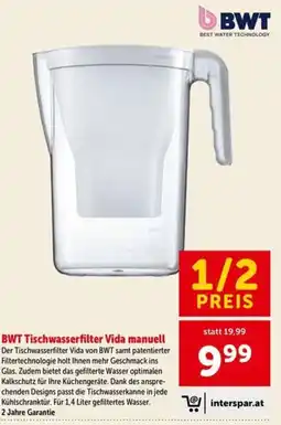 Interspar BWT Tischwasserfilter Vida manuell Angebot