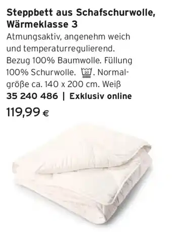 Steppbett aus Schafschurwolle, Wärmeklasse 3