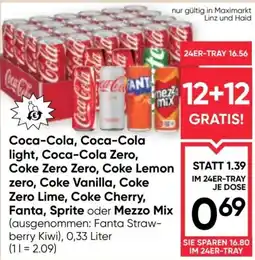Maximarkt Coca-Cola, Coca-Cola light, Coca-Cola Zero, Coke Zero Zero, Coke Lemon zero, Coke Vanilla, Coke Zero Lime, Coke Cherry, Fanta Angebot