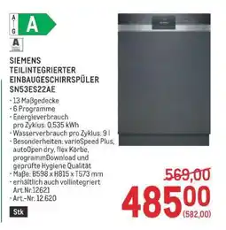 Metro SIEMENS TEILINTEGRIERTER EINBAUGESCHIRRSPÜLER SN53ES22AE Angebot
