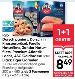 Maximarkt Iglo Dorsch paniert, Dorsch in Knusperbrösel, Forelle Naturfilets, Zander Naturfilets, Premium Atlantik Lachs, ASC Goldbrasse Angebot