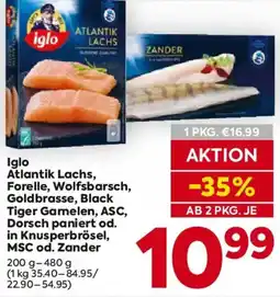 Billa Iglo Atlantik Lachs, Forelle, Wolfsbarsch, Goldbrasse, Black Tiger Garnelen, ASC, Dorsch paniert od. in Knusperbrösel Angebot