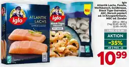 Billa Iglo Atlantik Lachs, Forelle, Wolfsbarsch, Goldbrasse, Black Tiger Garnelen, ASC, Dorsch paniert od. in Knusperbröseln Angebot