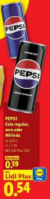 PEPSI Cola regular, zero oder Mirinda