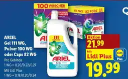 Lidl ARIEL Gel 111 WG, Pulver 100 WG oder Caps 82 WG Angebot