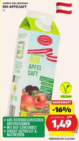 Hofer Zurück zum Ursprung Bio Apfelsaft Angebot