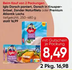 Spar Iglo Dorsch paniert, Dorsch in Knusperbrösel, Zander Naturfilets oder Premium Atlantik Lachs Angebot