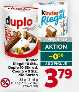 Billa Kinder Riegel 10 Stk., Duplo 10 Stk. od. Country 9 Stk. Angebot