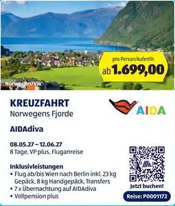 Hofer Kreuzfahrt Norwegens Fjorde AIDAdiva Angebot