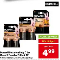 Interspar Duracell Batterien Baby C 2er, Mono D 2er oder E-Block 9V Angebot