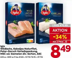 Billa Iglo Wildlachs, Kabeljau Naturfilet Angebot