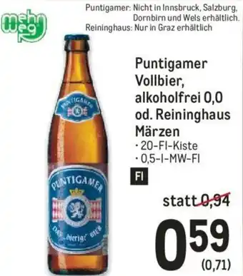 Metro Puntigamer Vollbier, Alkoholfrei 0,0 Od. Reininghaus Märzen Angebot
