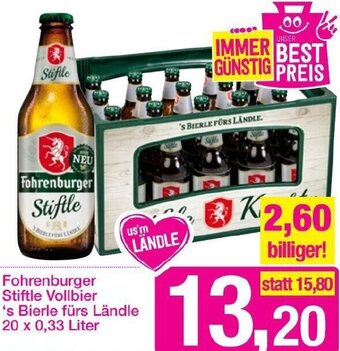 Sutterlüty Fohrenburger Stiftle Vollbier's Bierle Fürs Ländle 20x0,33 Liter Angebot