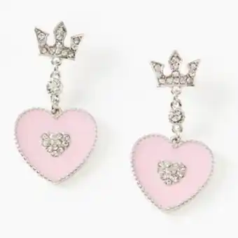 Claire's 1.5" rhinestone crown heart drop earrings - pink Angebot