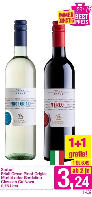 Sutterlüty Sartori Friuli Grave Pinot Grigio, Merlot oder Bardolino Classico Ca 'Nova 0.75 Liter Angebot