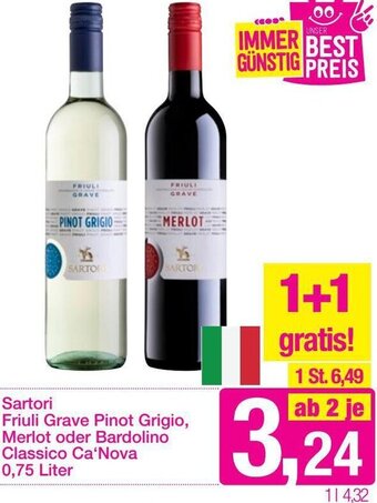 Sutterlüty Sartori Friuli Grave Pinot Grigio, Merlot oder Bardolino Classico Ca 'Nova 0,75 Liter Angebot
