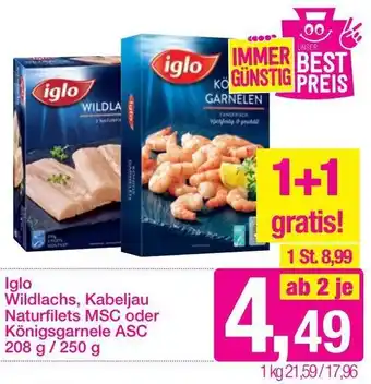 Sutterlüty Iglo Wildlachs, Kabeljau Naturfilet MSC oder Königsgarnele ASC 208 g/ 250 g Angebot