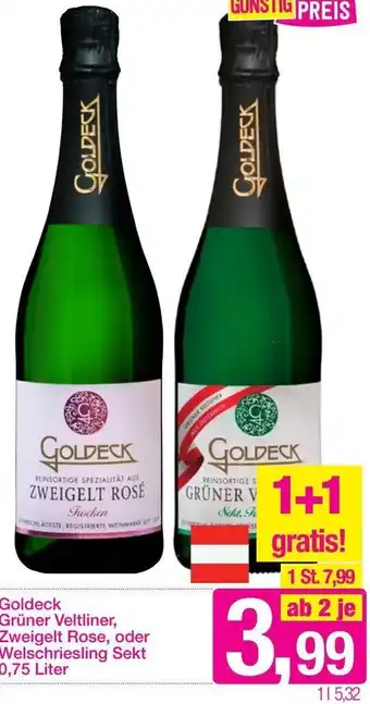 Sutterlüty Goldeck Grüner Veltliner, Zweigelt Rose, oder Welschriesling Sekt 0,75 Liter Angebot