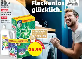 PENNY Ariel Pulver od. Flüssig 100 Wg oder All-In-1 Pods Color 76 Wg Angebot