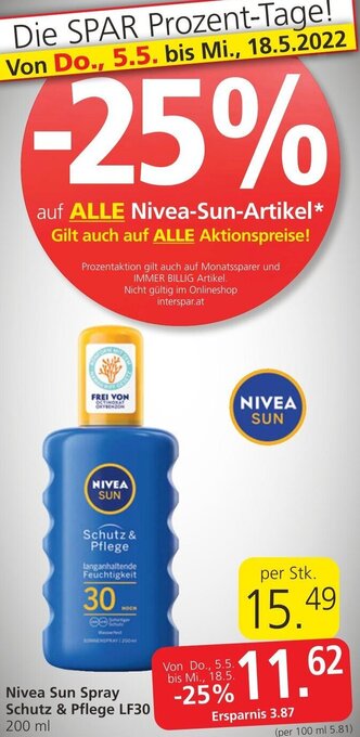 Spar Nivea Sun Spray Schutz & Pflege LF30 200 ml Angebot