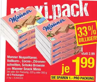 Maximarkt Manner Neapolitaner, Vollkorn-, Cocos-, Zitronen-schnitten, Schoko Brownie oder Manner Snack Minis 300 g Angebot