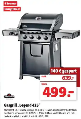 Hagebau Gasgrill Legend 425 B 132 x H 116 x T64 cm 45451578 Angebot