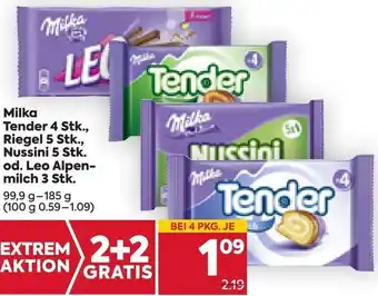 Billa Milka Tender 4 stk., Riegel 5 stk., Nussini 5 stk., oder Leo Alpenmilch 3 stk. 99.9 g-185 g Angebot