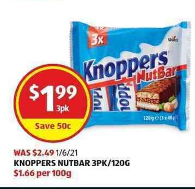 Knoppers Nutbar 3pk/120g offer at ALDI