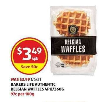 ALDI Bakers Life Authentic Belgian Waffles 4pk/360g offer