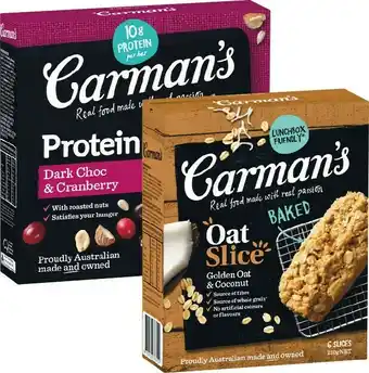 Woolworths Carmanu2019s Muesli, Nut or Protein Bars 160-270 Pk 5/6 or Oat Slice 210g Pk 6 offer
