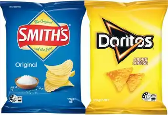 Coles Doritos Corn Chips or Smithu2019s Crinkle Cut Potato Chips 150g-170g offer