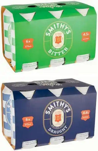 Coles Smithyu2019s Bitter or Draught Cans 6x375mL offer