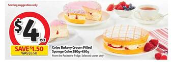 Coles Coles Bakery Cream Filled Sponge Cake 380g-450g offer
